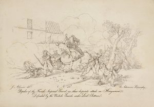 Repulsión de la Guardia Imperial Francesa, en su ataque desesperado a Hougoumont, defendida por los guardias británicos bajo Lord Saltoun, litografía de R. Ackermann, 1815 de John Augustus Atkinson